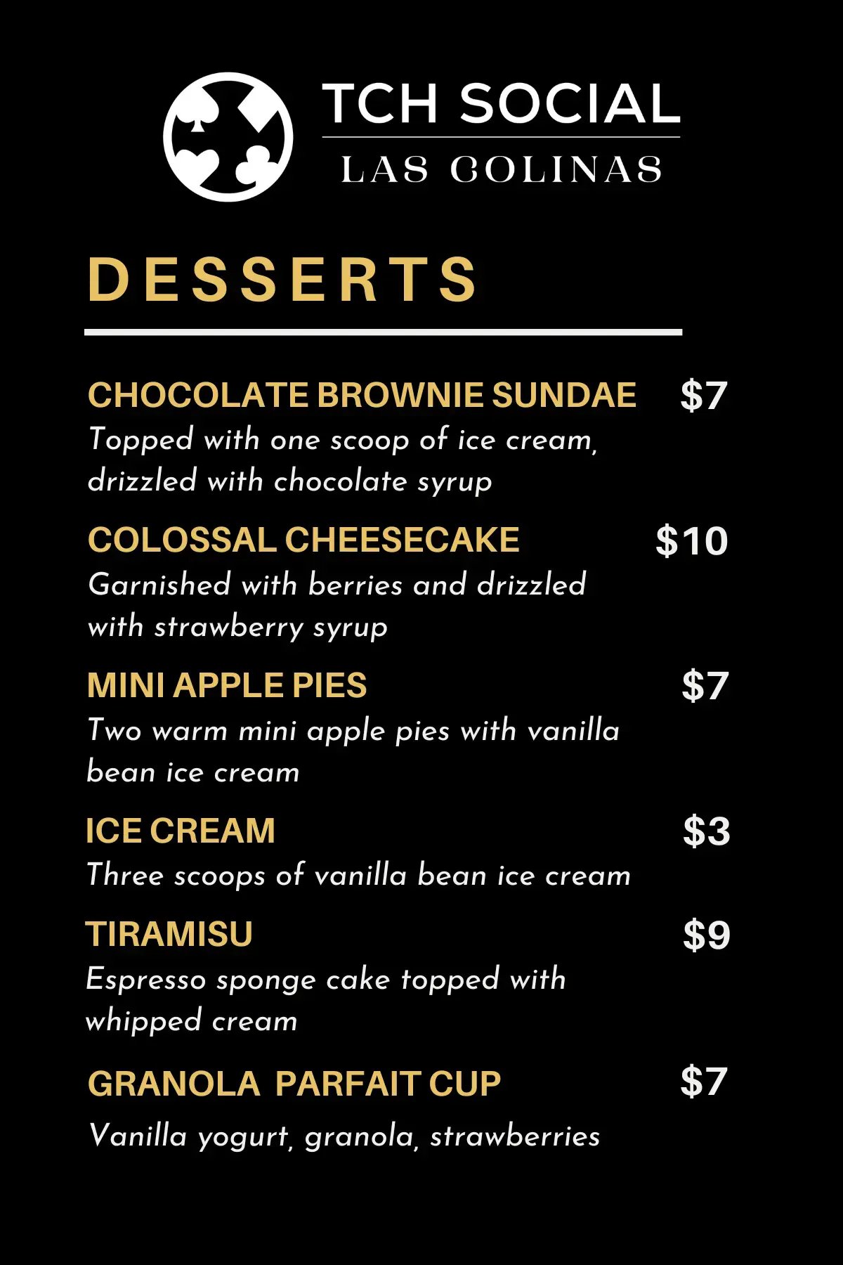 Dessert Menu at TCH Social Las Colinas
