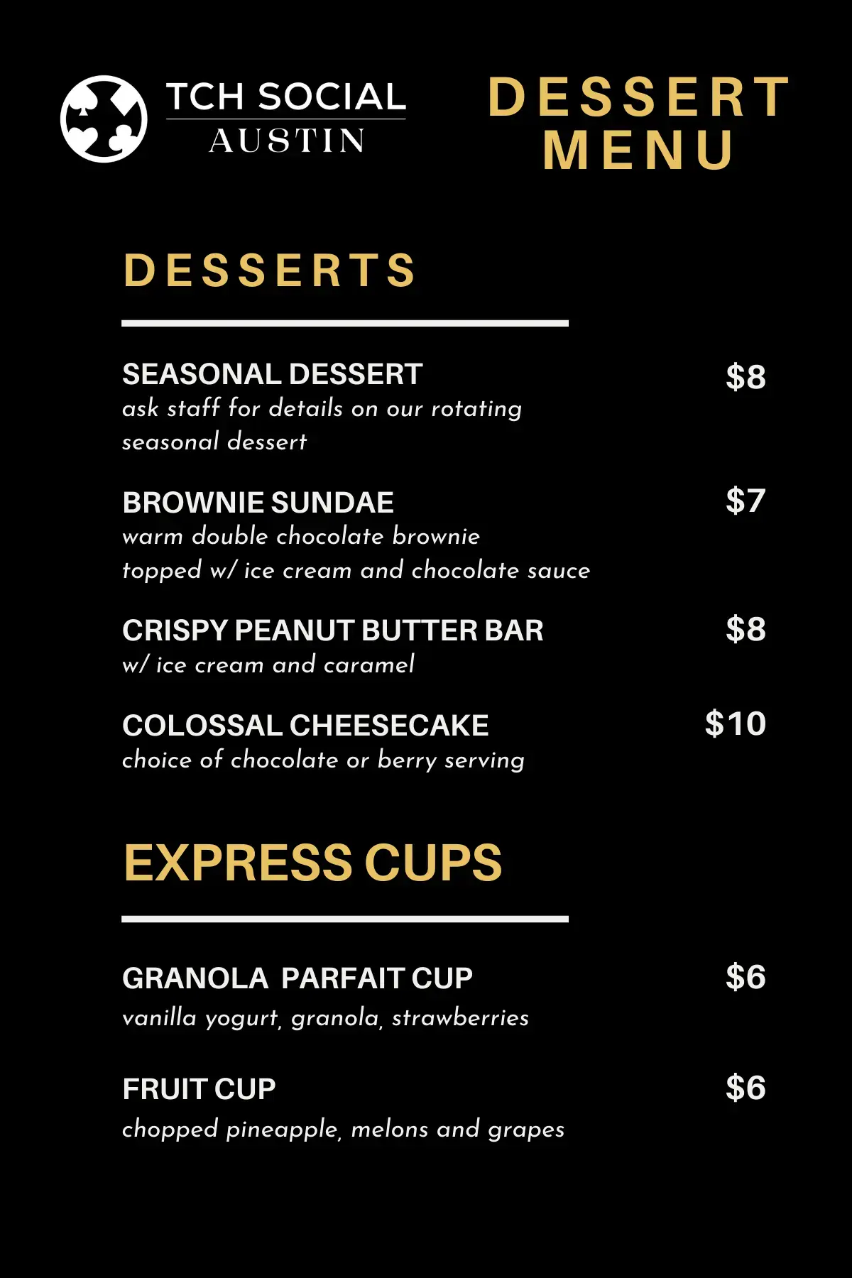 Dessert Menu at TCH Social Austin Dessert Menu at TCH Social Austin