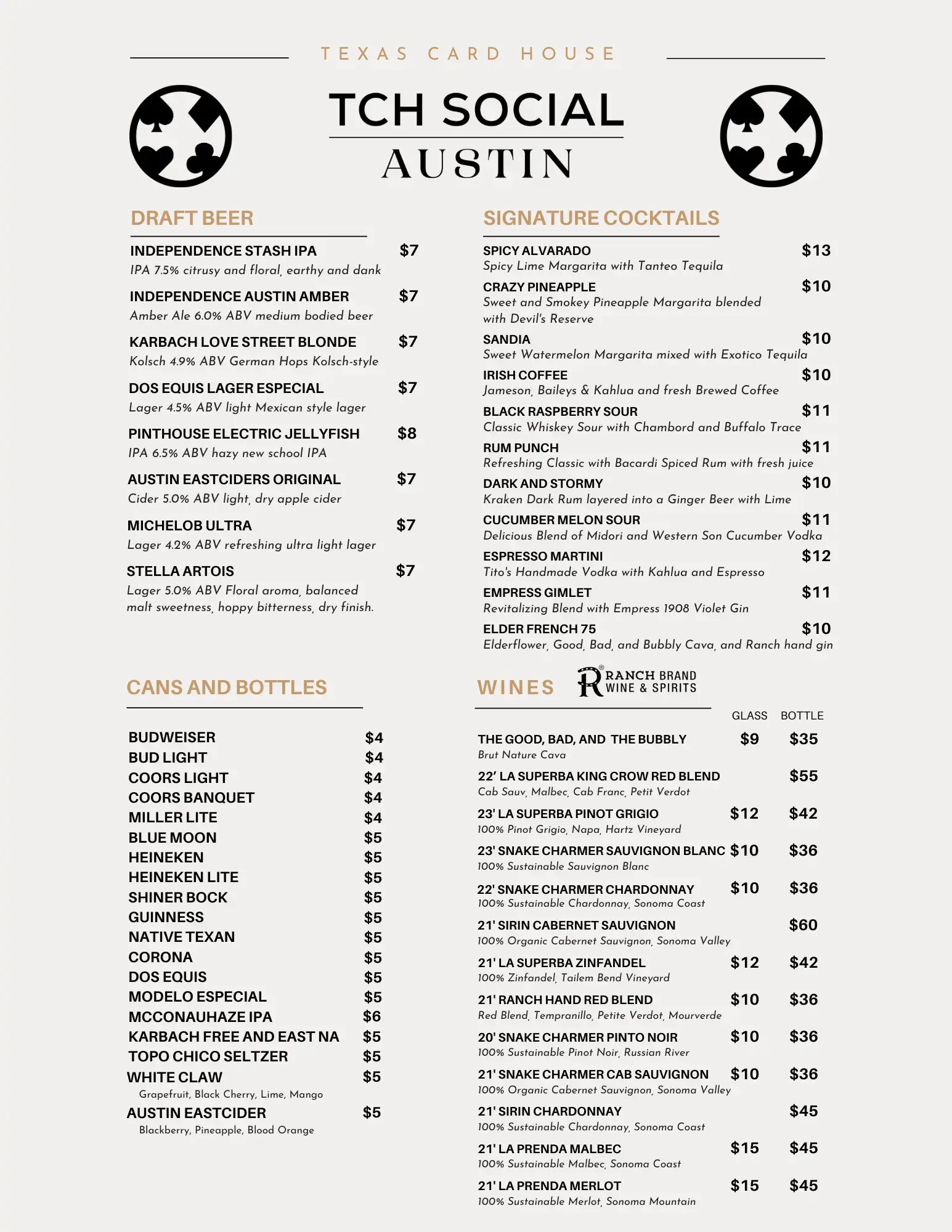 Austin's Drink Menu Austin's Drink Menu