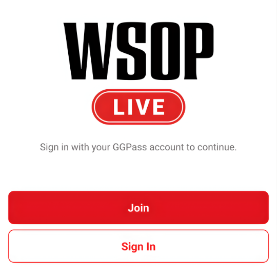 WSOP app login or sign up screen